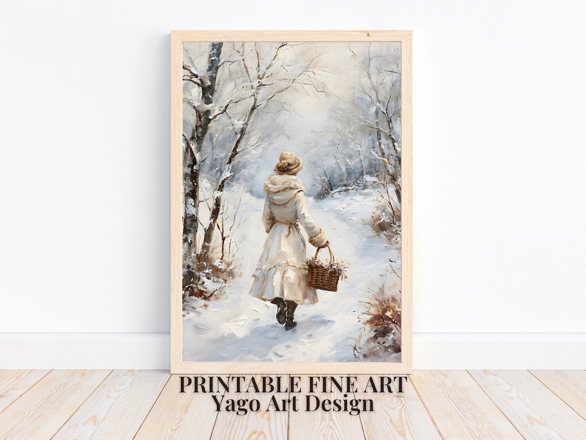 Woman Walking in Snowy Forest Vintage Winter Landscape Poster