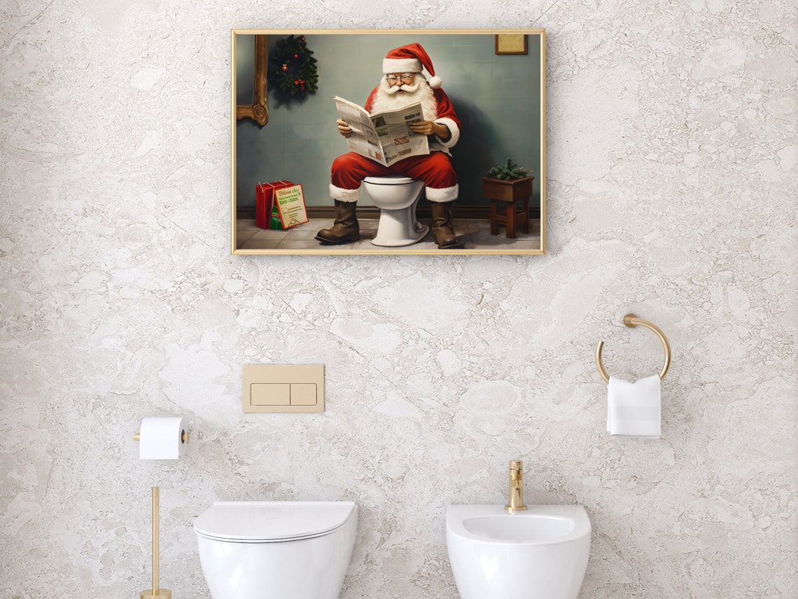 Santa Claus on Toilet Reading Newspaper Funny Bathroom Poster - Image 2