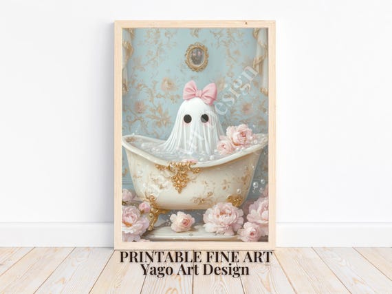 Ghost In Bathtub Art Print Cute Bubblebath Print Spooky Whimsical Halloween Wall Art Girly Ghost Painting Victorian Decor Nursery Art