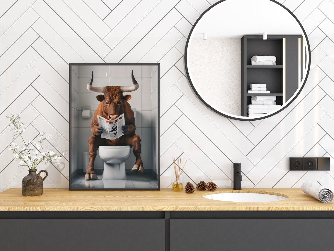 Funny Bull Reading Newspaper on Toilet Quirky Bathroom Art Poster - Image 2