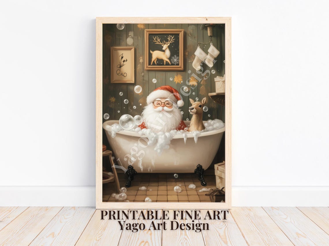 Santa Claus in Bubble Bath with Reindeer Poster Funny Christmas