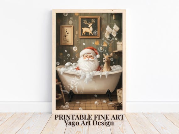 Santa And Reindeer In Bathtub Art Print Cute Bubblebath Print Whimsical Christmas Wall Art Decor Christmas Painting Art Poster Gift