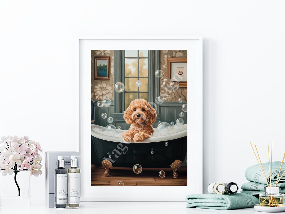 Goldendoodle Puppy in Bubble Bath Vintage Clawfoot Tub Bathroom Poster - Image 4