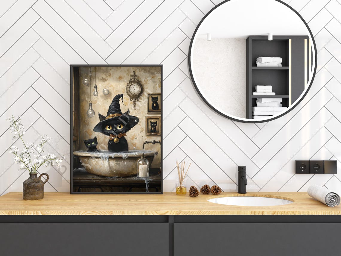Black Cats in Vintage Bathtub Witch Hat Cute Halloween Art Poster - Image 2