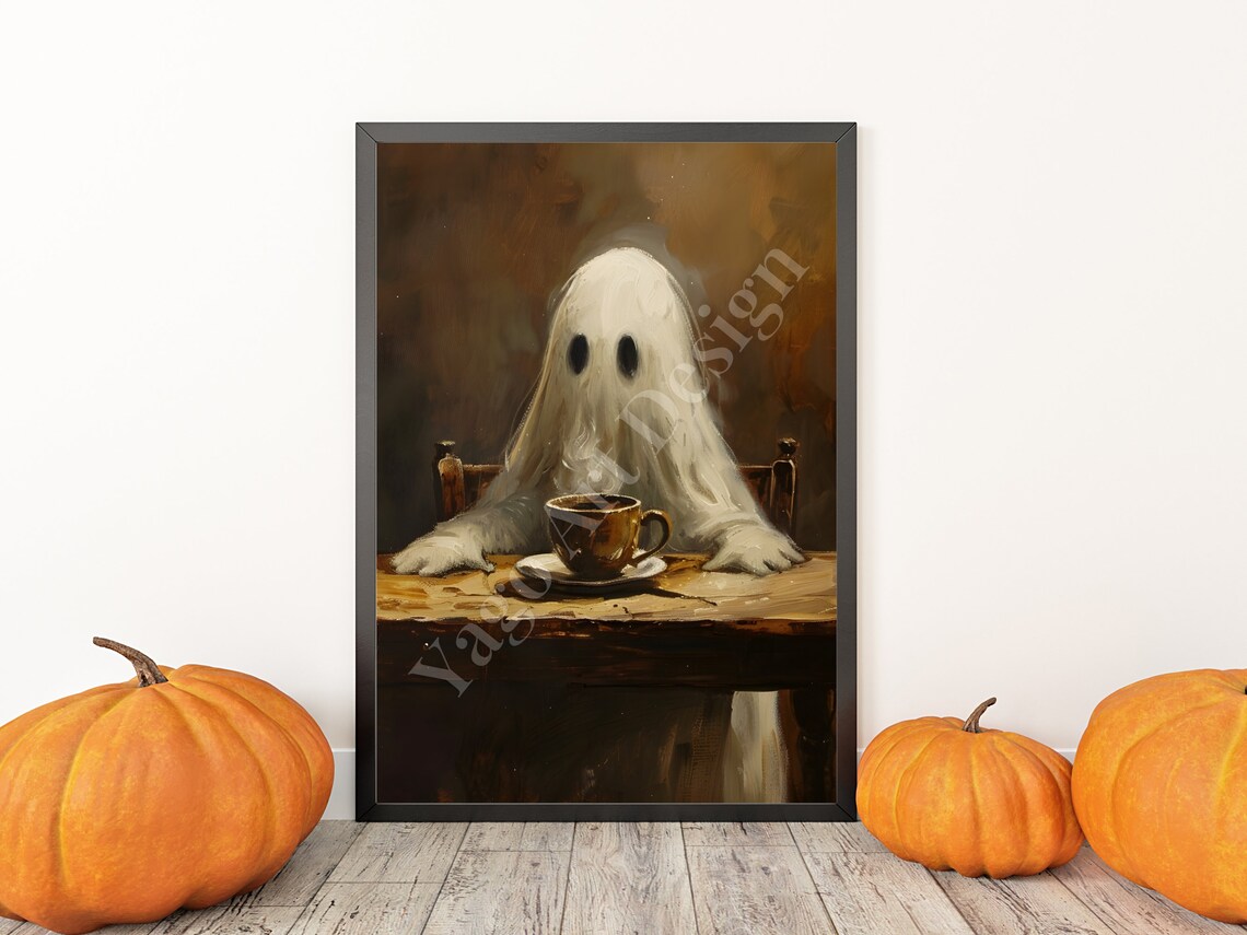 Moody Ghost with Morning Coffee Dark Oil Painting Halloween Poster - Image 3