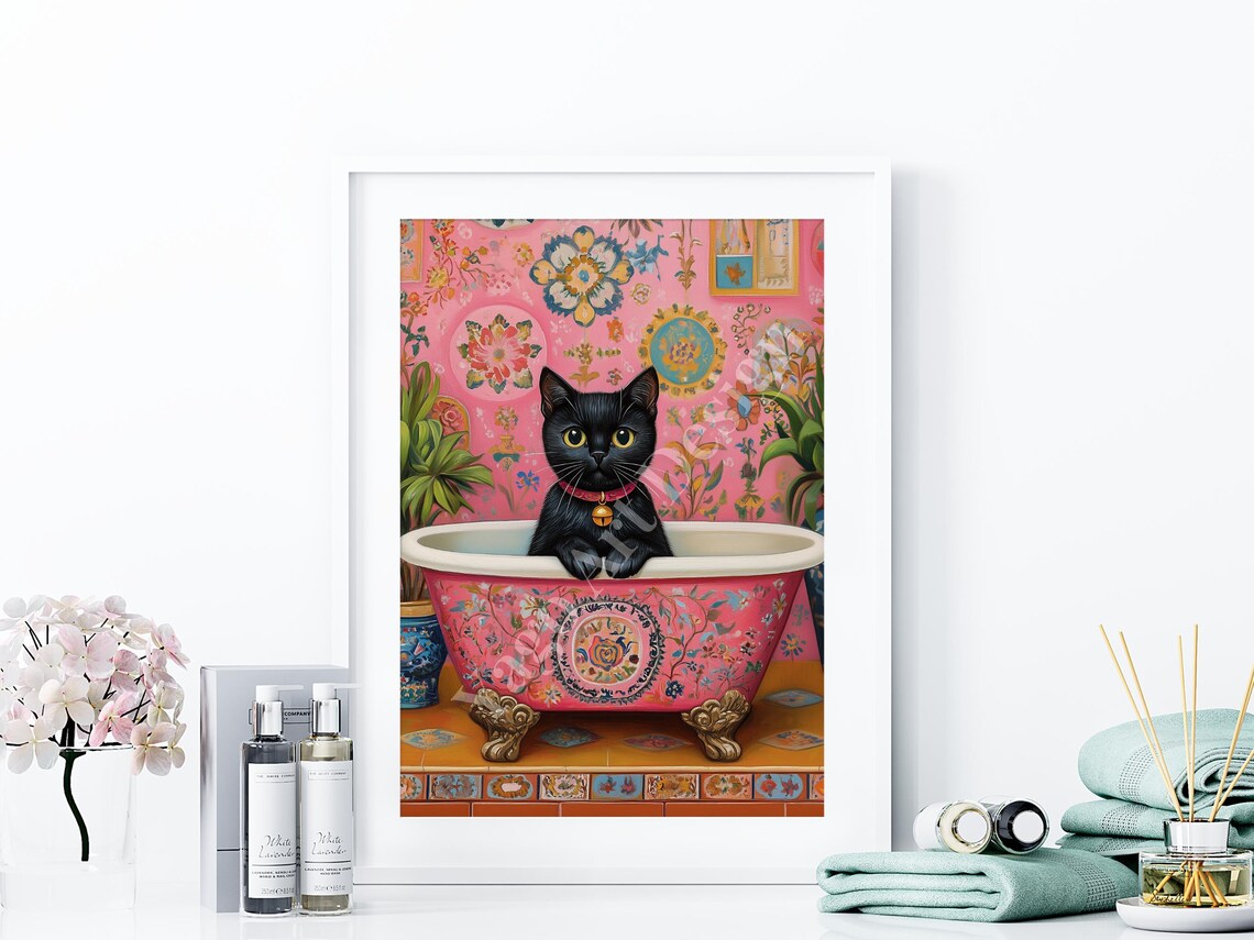 Black Cat In Pink Floral Clawfoot Bathtub Maximalist Decor Poster - Image 3