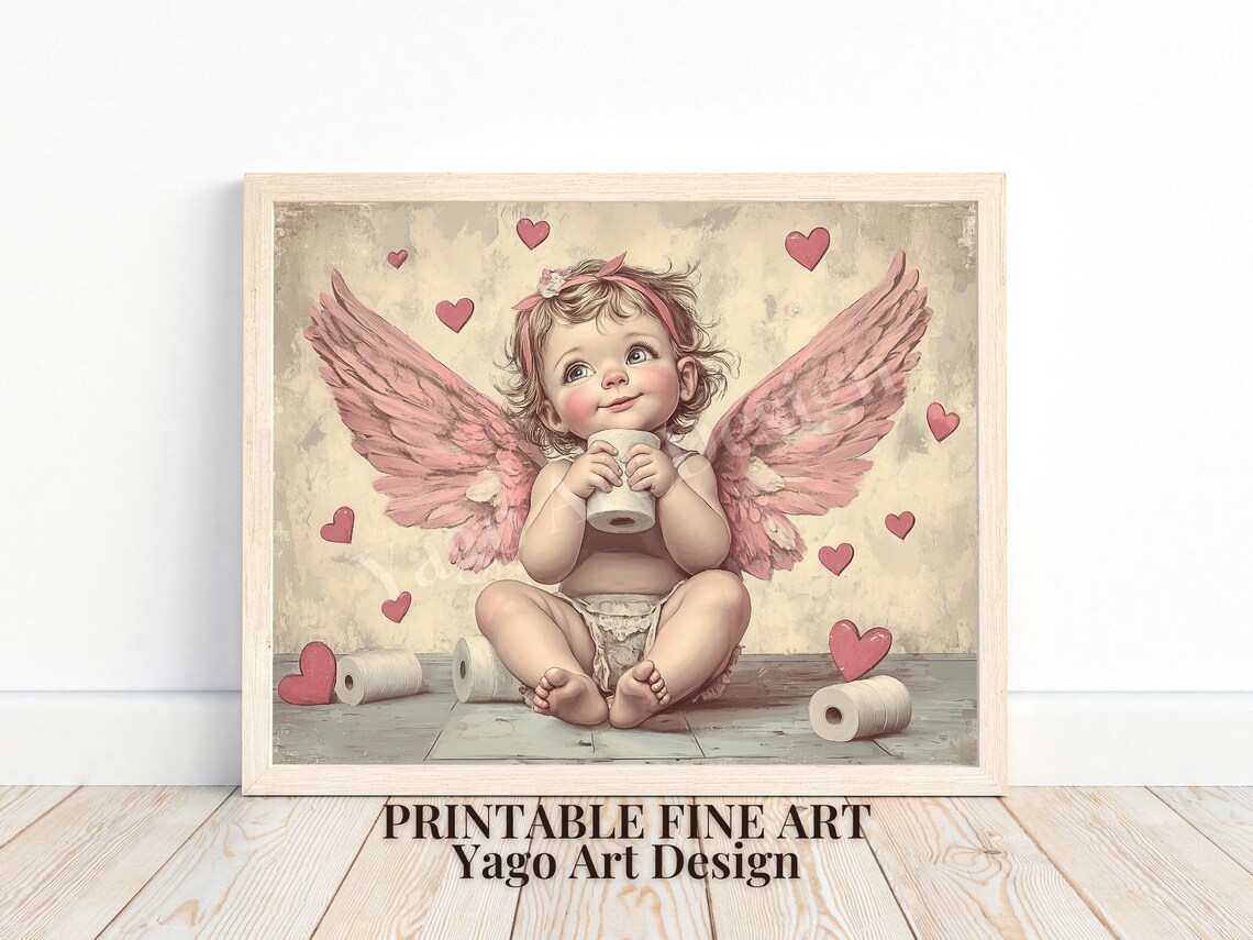Cupid Baby Holding Toilet Paper Roll Hearts Funny Bathroom Poster - Image 4