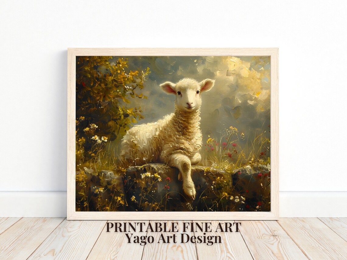 Vintage Lamb Resting in Wildflower Meadow Golden Oil Painting Poster