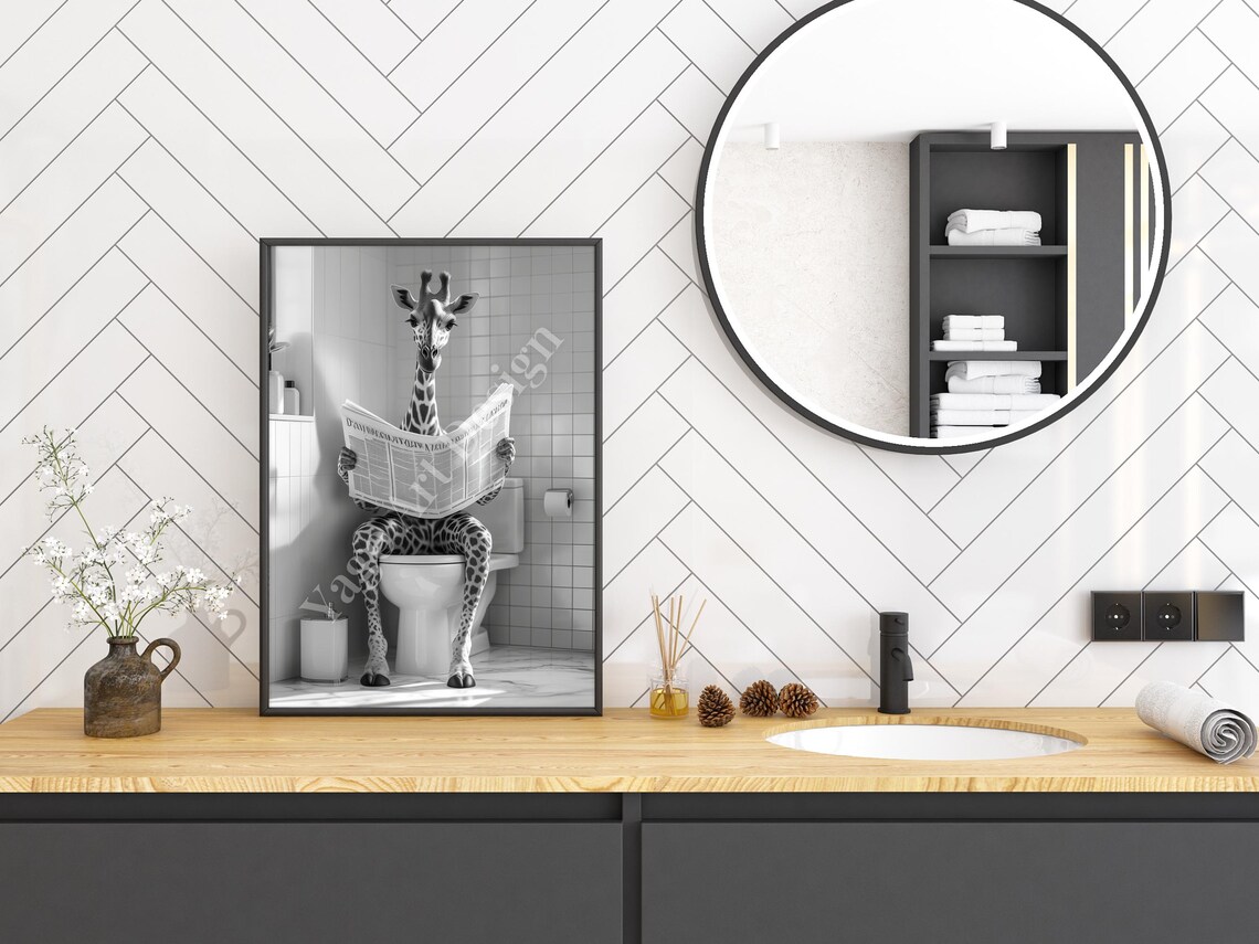 Giraffe Reading Newspaper on Toilet Poster Funny Bathroom Decor - Image 3