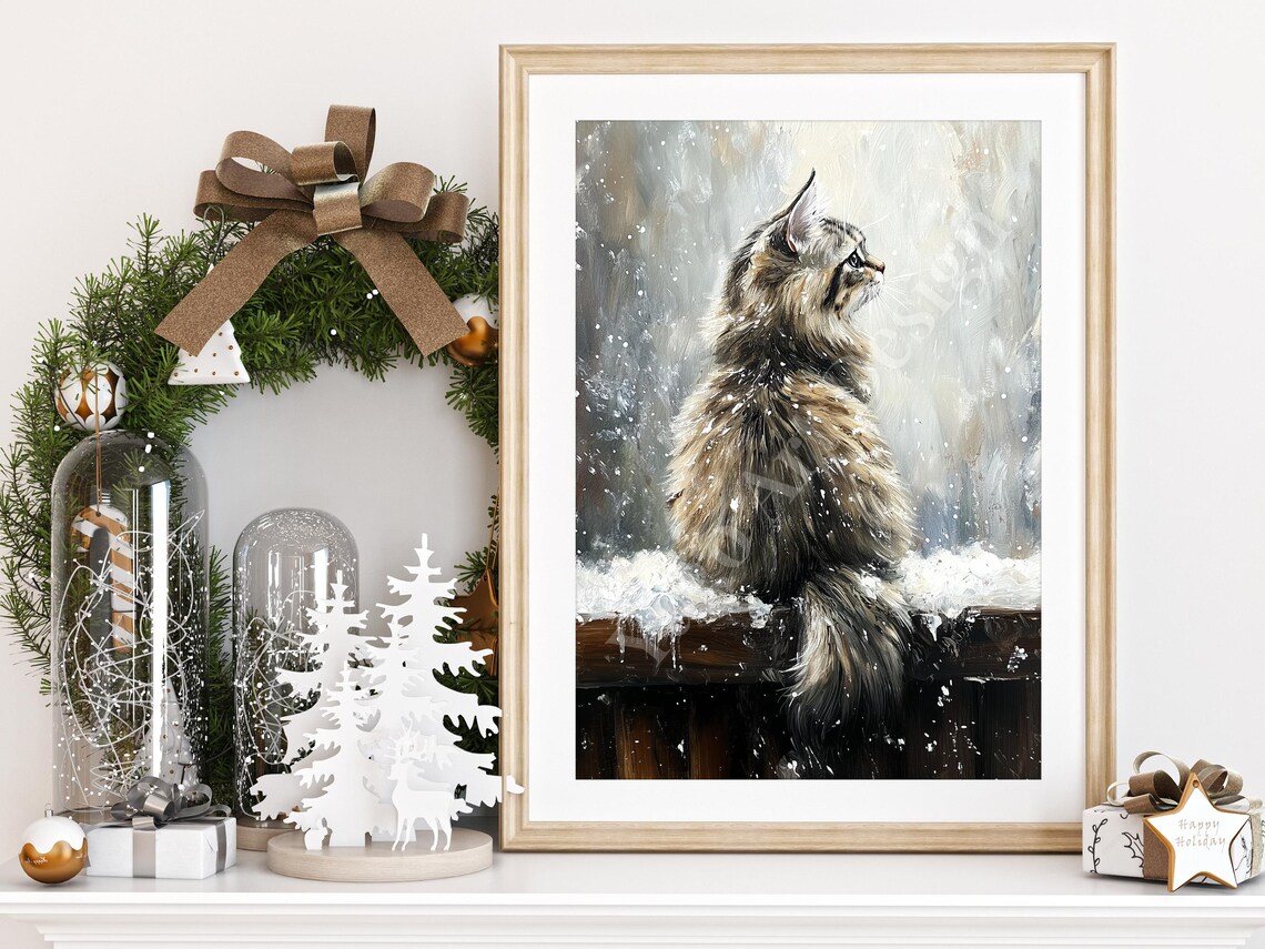 Fluffy Long Haired Cat in Snowfall on Fence Winter Painting Poster - Image 2