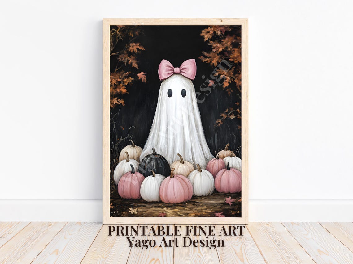 Cute Ghost with Pink Bow among Pink Pumpkins Dark Halloween Poster