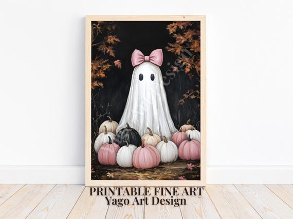 Ghost Art Pink Bow Art Cute Ghost With Pink Bow Ghost With Pumpkins Poster Autumn Ghost Painting Vintage Print Girly Art Print