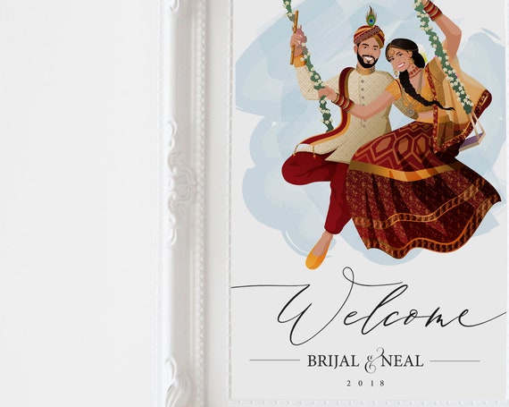 Welcome Wedding Indian Signage Hindu Wedding Pakistani Radha And Krishna Personal Portrait Couple Illustration Custom Drawing