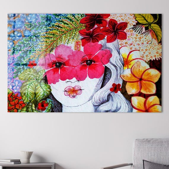 Flowers And Woman Painting Glass Wall Art Portrait Hanging Abstract Modern Printing