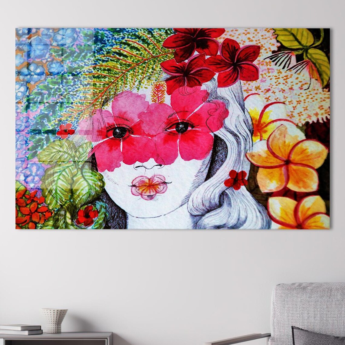 Woman With Flowers Portrait Colorful Floral Face Tropical Bloom Art Poster