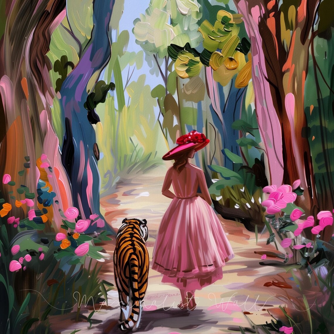French-Inspired Woman With Tiger, Maximalist Art Print