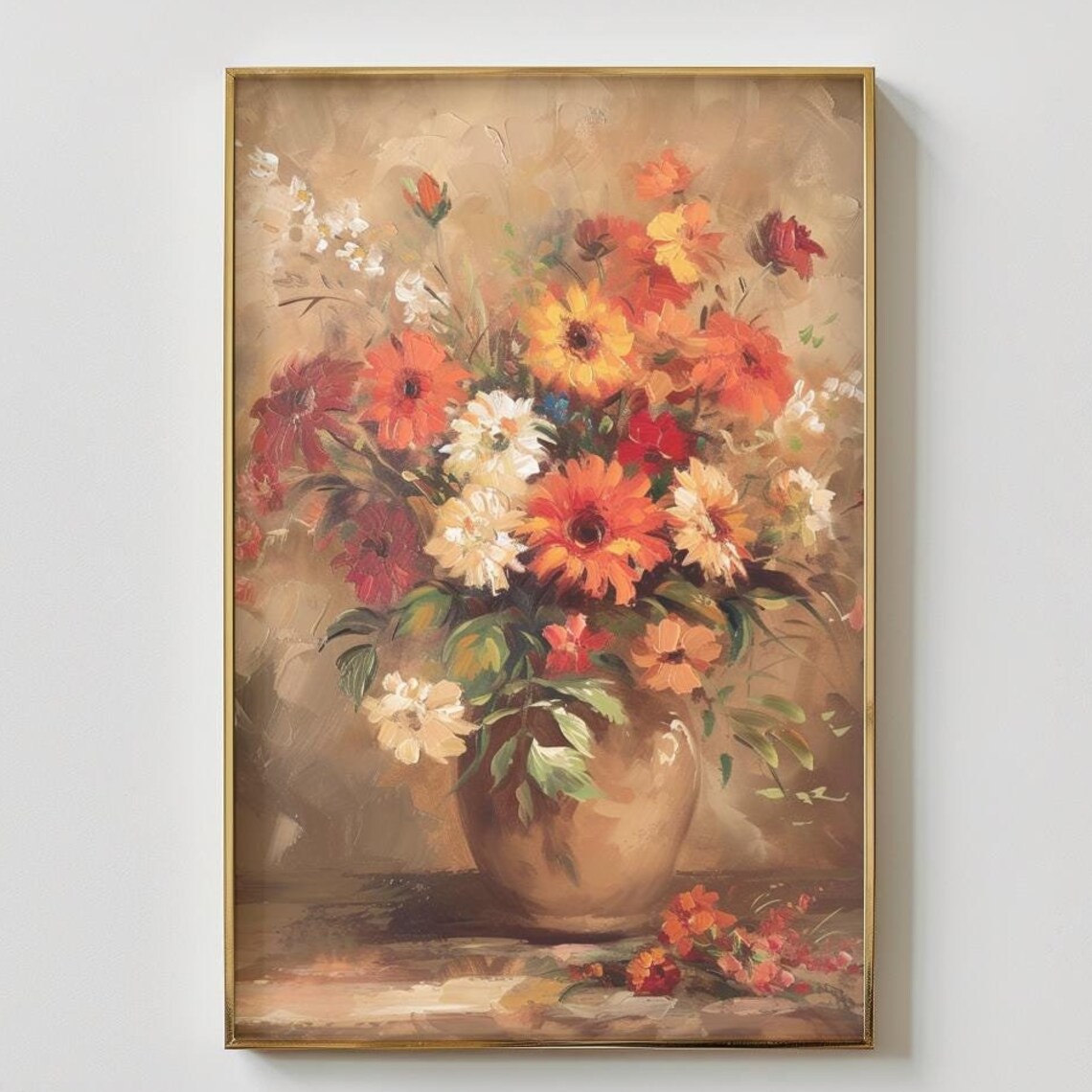 Warm Orange Daisy Bouquet in Vase Vintage Oil Style Art Print