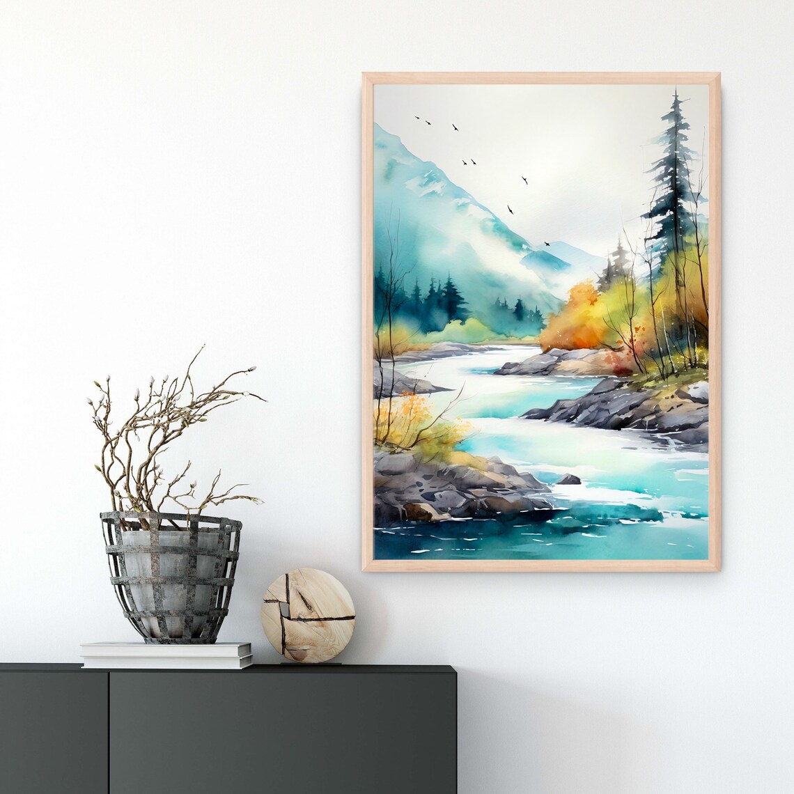 Misty Autumn River Watercolor with Blue Mountains and Birds Poster - Image 3