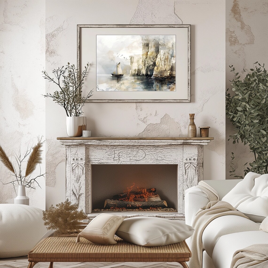 Sailboat by White Cliffs Watercolor with Birds Seascape Poster - Image 5