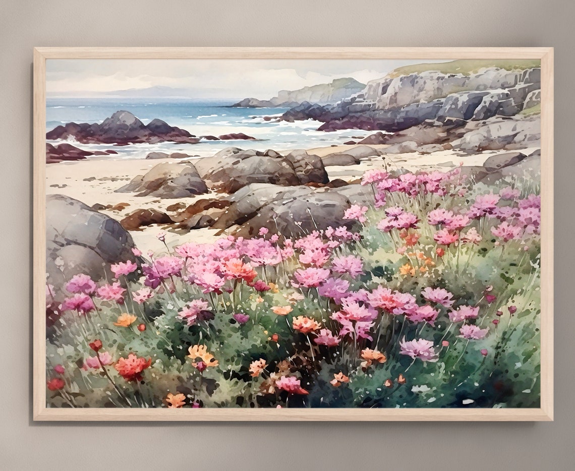 Coastal Cliffs Watercolor with Pink Wildflowers and Beach Poster - Image 3