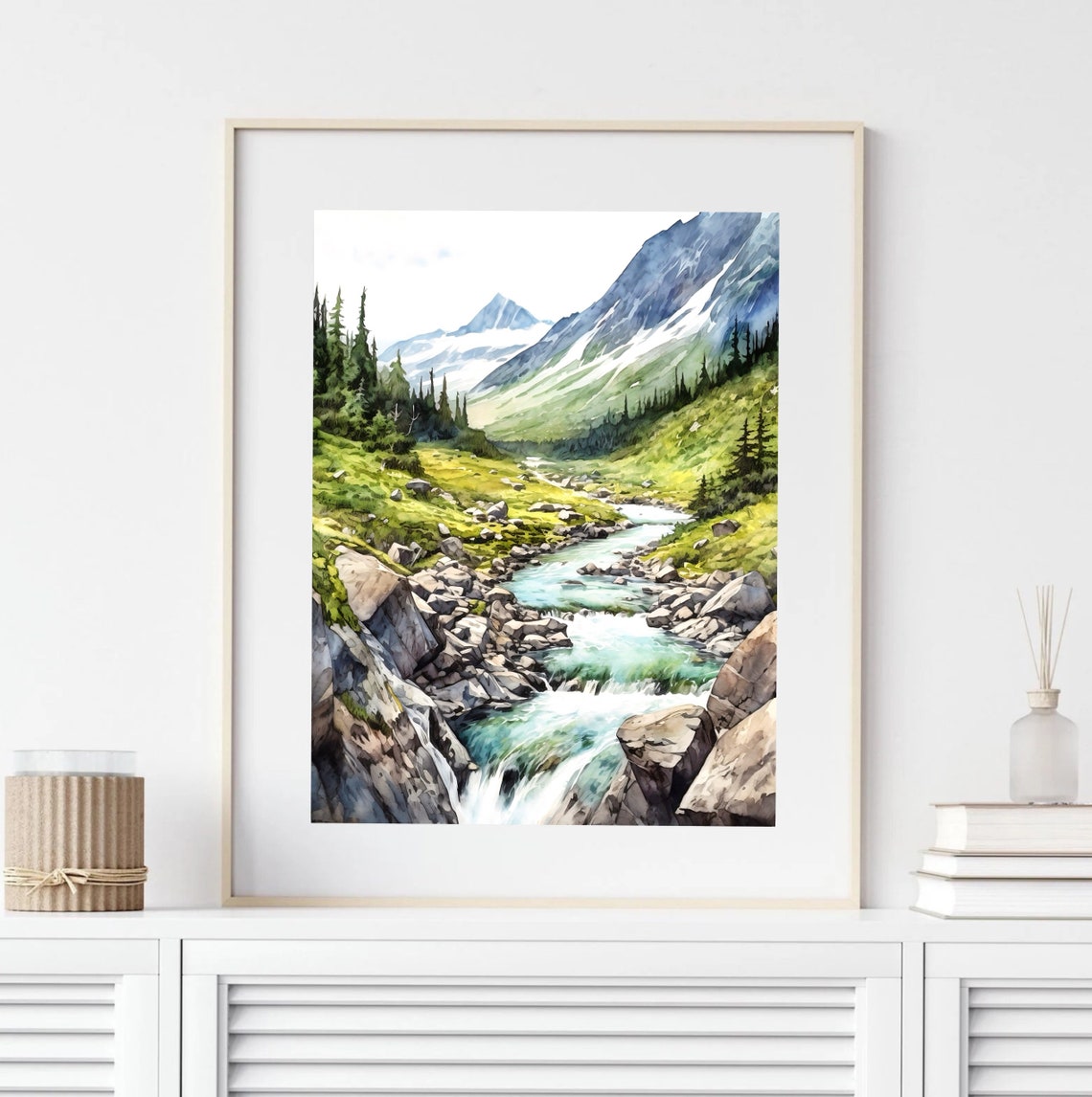 Mountain River Rapids Rocky Valley Watercolor Nature Art Poster - Image 4