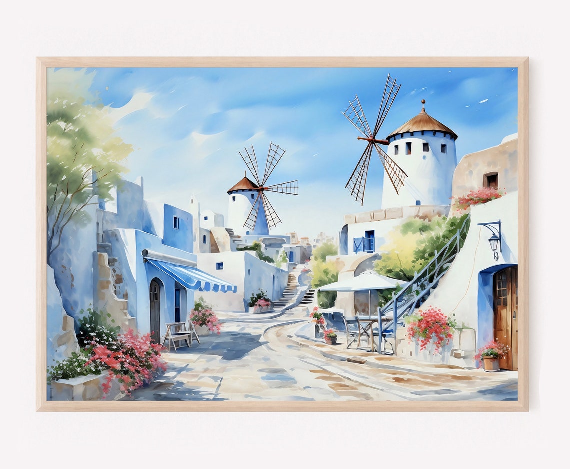 Santorini Greece Windmill Village Blue Dome Watercolor Poster