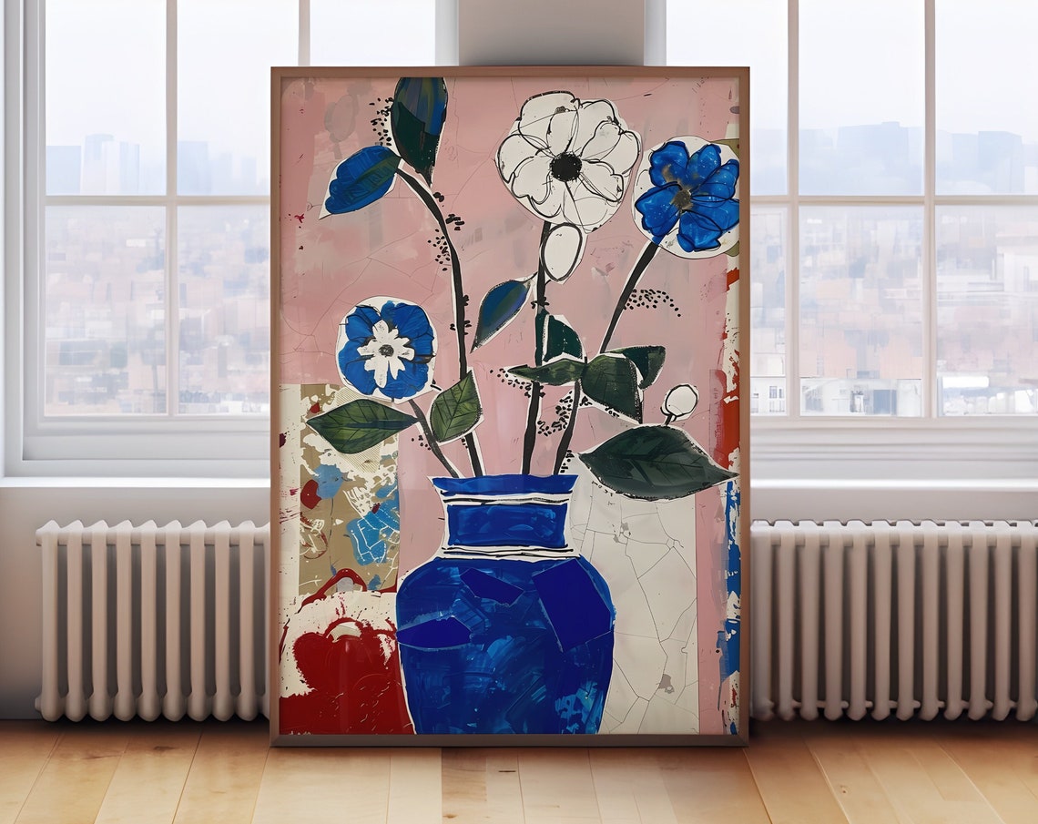Blue Vase Abstract Floral Collage Modern Botanical Flower Poster