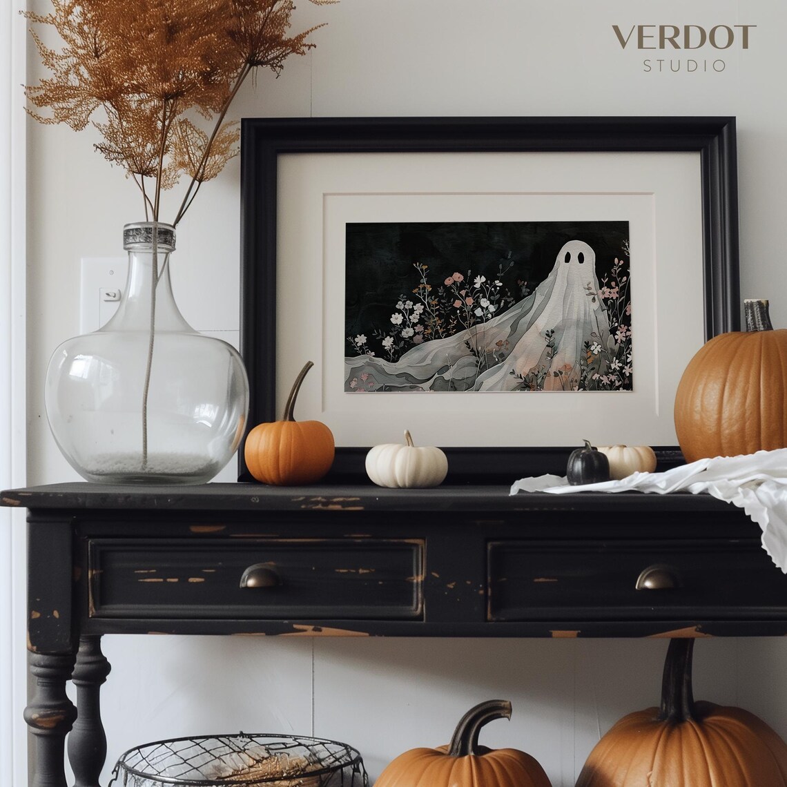 Cute Ghost In Dark Wildflower Night Garden Watercolor Halloween Art Poster - Image 3