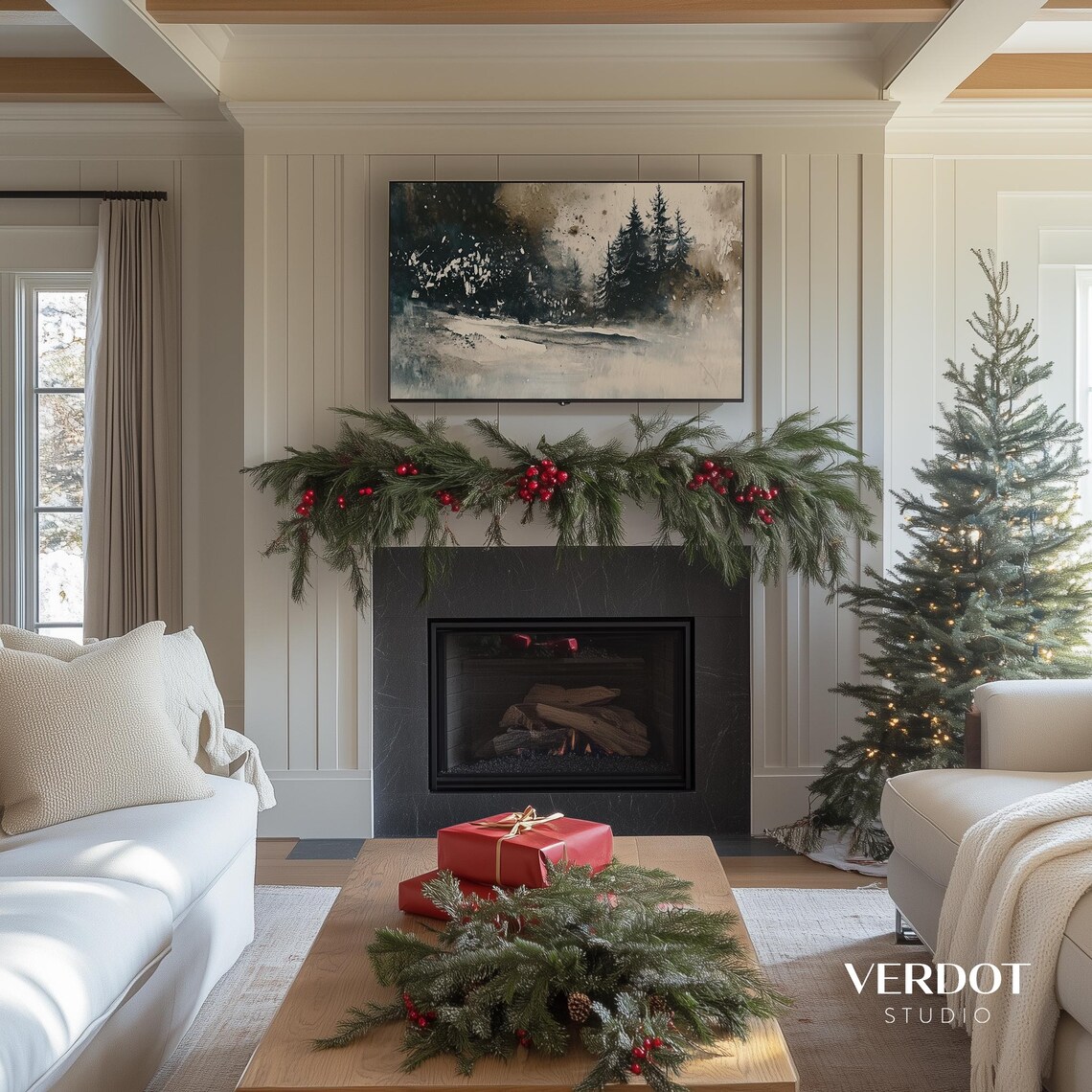 Abstract Winter Christmas Decor, Neutral Landscape Art Print - Image 4