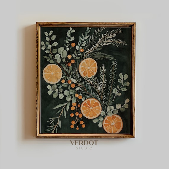 Orange Christmas Painting Print, Botanical Holiday Decor