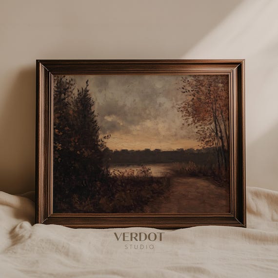 Moody Vintage Fall Landscape Art Print, Antique Scenery
