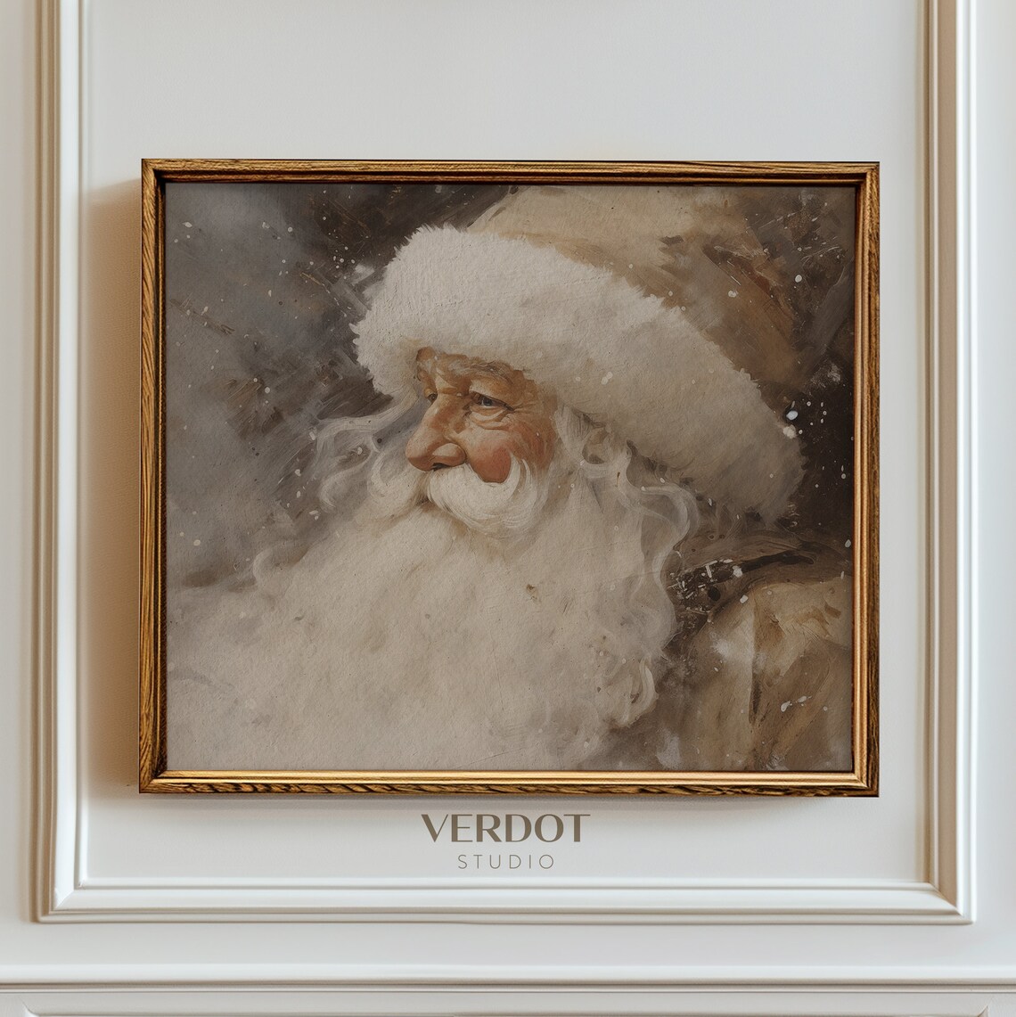 Vintage Santa Claus Painting, Neutral Rustic Holiday Print