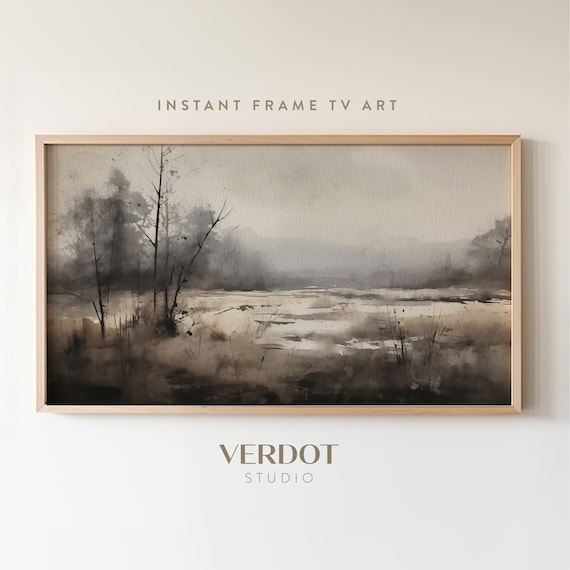 Rustic Winter Landscape Frame Tv Art Brown Grey Neutral Scenery Watercolor Painting Vintage Moody Dark Nature Tv Art Decor Tv2349