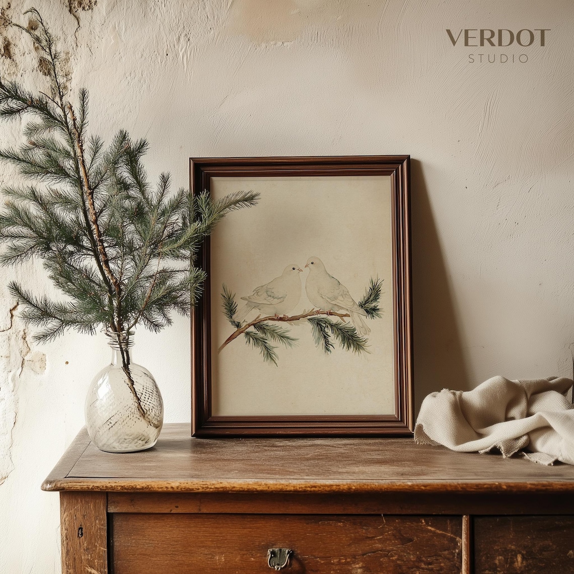 Vintage Christmas Winter Doves Art Print, Neutral Birds - Image 2