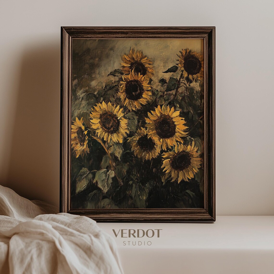 Vintage Sunflower Print, Moody Autumn Floral Art