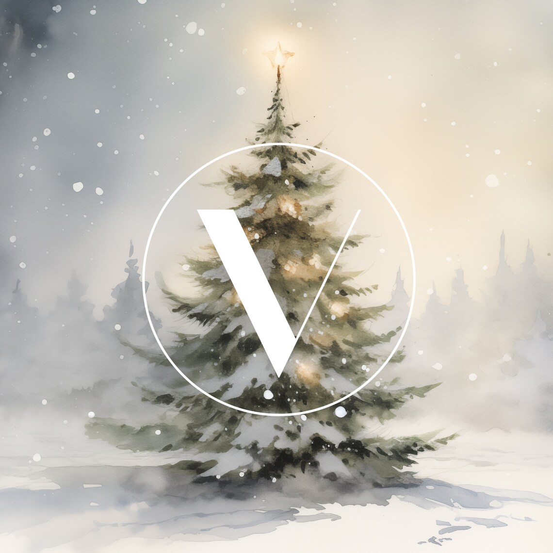 Christmas Tree Snowy Night Watercolor Art Print - Image 3