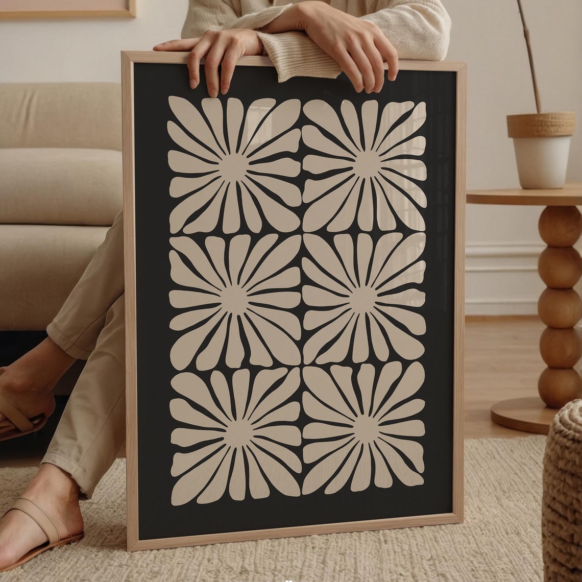 Six Flower Grid Black and Cream Retro Bloom Bold Pattern Poster