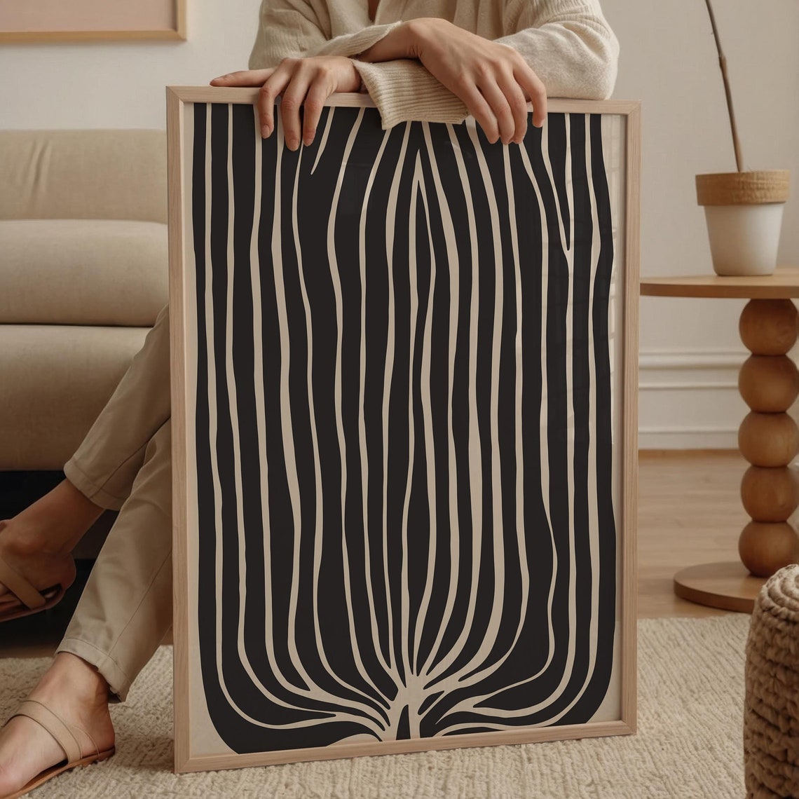 Beige and Black Wavy Vertical Lines Abstract Mid Century Poster