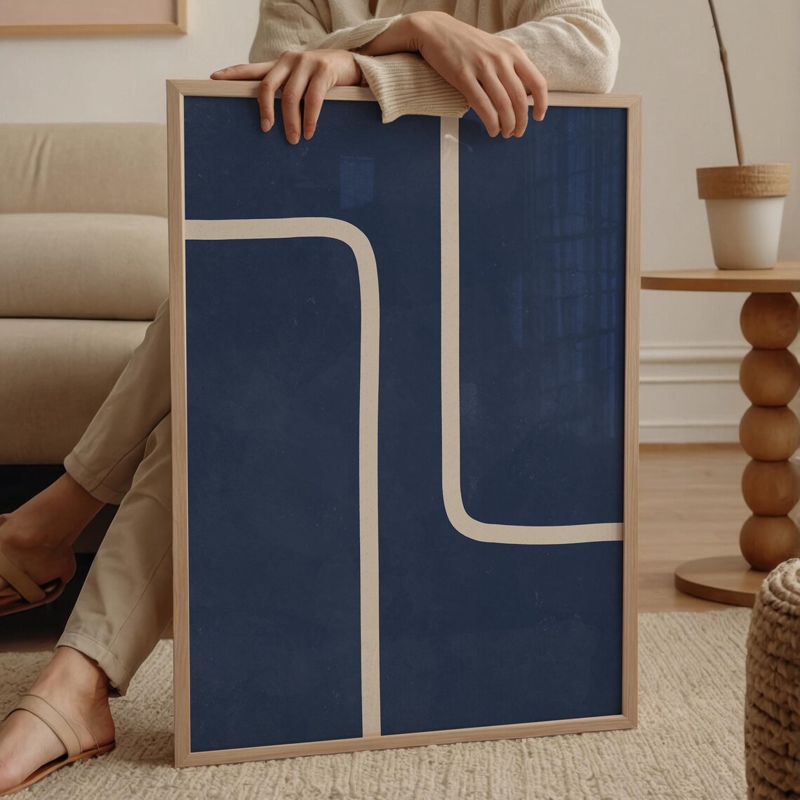 Navy Blue Minimalist Lines, Mid-Century Abstract Art Print