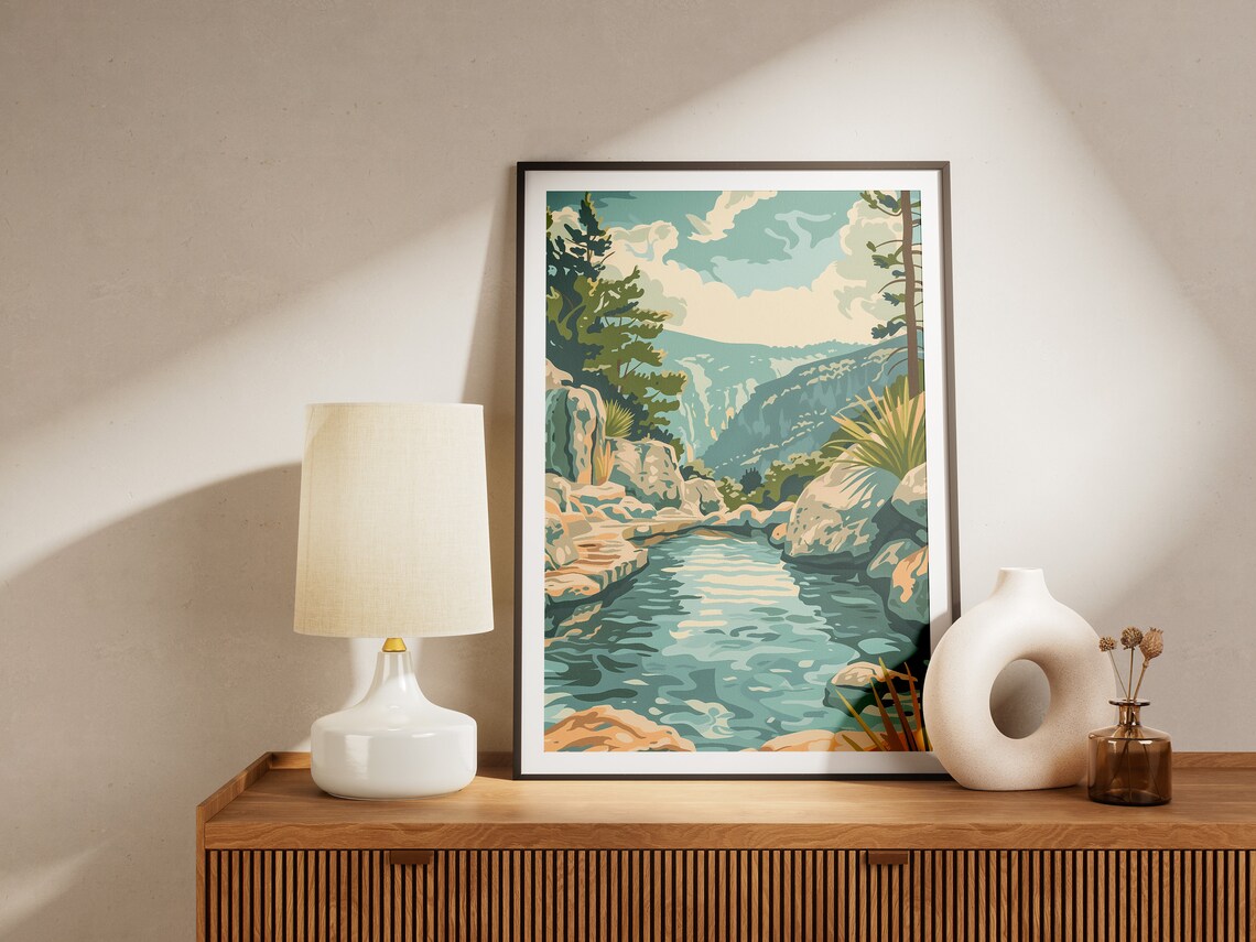 Vintage Mountain Stream Art Print Minimalist Forest Lake Landscape Wall - Image 2