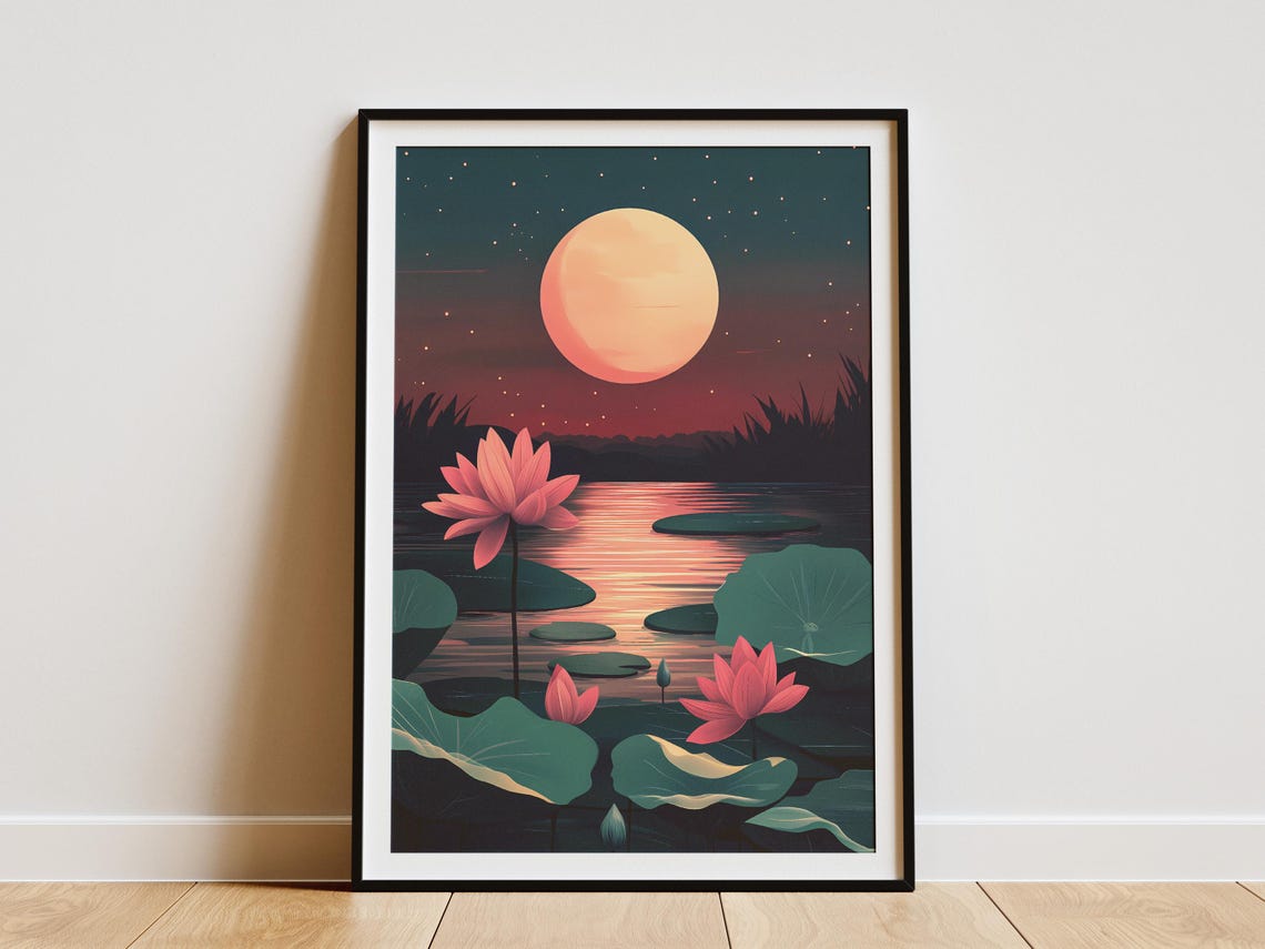 Full Moon Lotus Pond Night Pink Blossoms Zen Botanical Art Poster