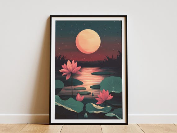 Pond Full Moon Night Poster Pink Flower Art Print Asian Zen Decor Botanical Illustration Nature Wall Serene Moonlit