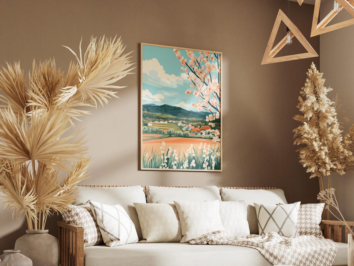 Spring Blossom Tree Over a Village and Fields Landscape Poster - Image 3