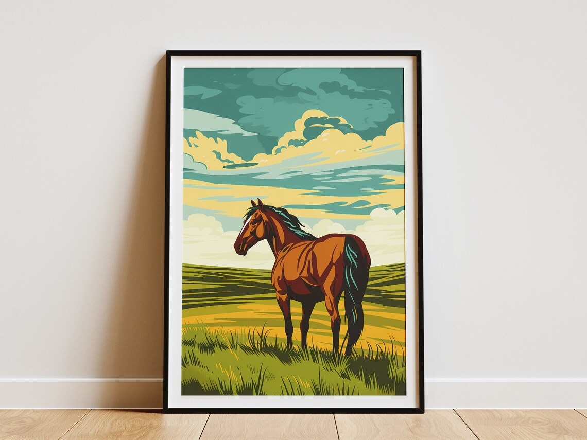 Wild Chestnut Horse Standing in a Golden Meadow at Dusk Poster