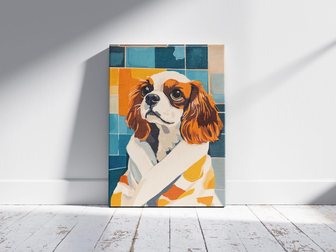Cavalier Spaniel Puppy White Bathrobe Retro Tile Cute Dog Poster - Image 2