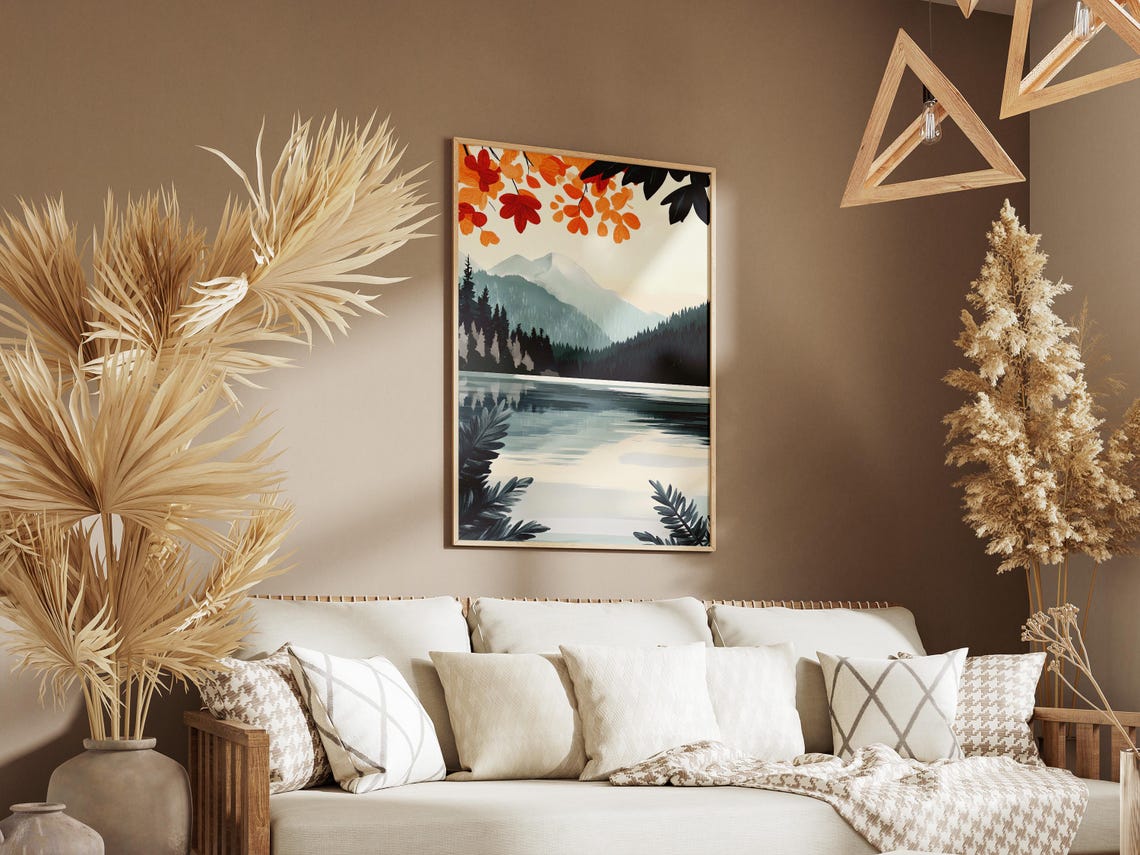 Misty Mountain Lake With Falling Autumn Leaves Landscape Art Poster - Image 3