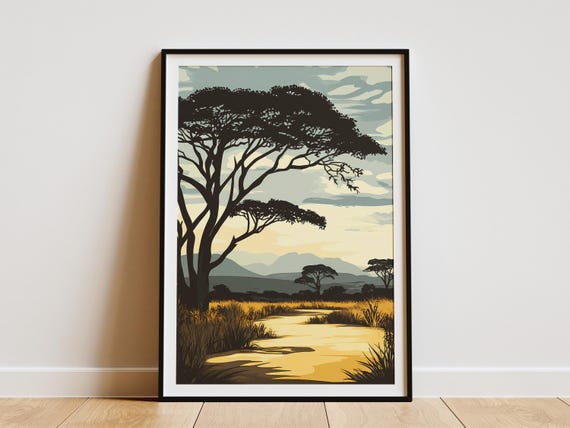 Selous Game Reserve Tanzania Flat Illustration Print African Safari Poster Vintage Travel Wildlife Art Nature Decor Modern