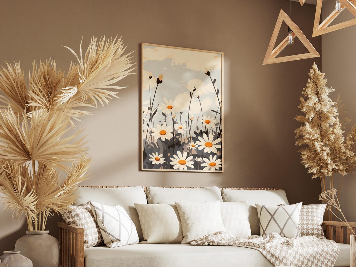 White Daisy Field Wildflowers Cloudy Sky Illustration Poster - Image 3