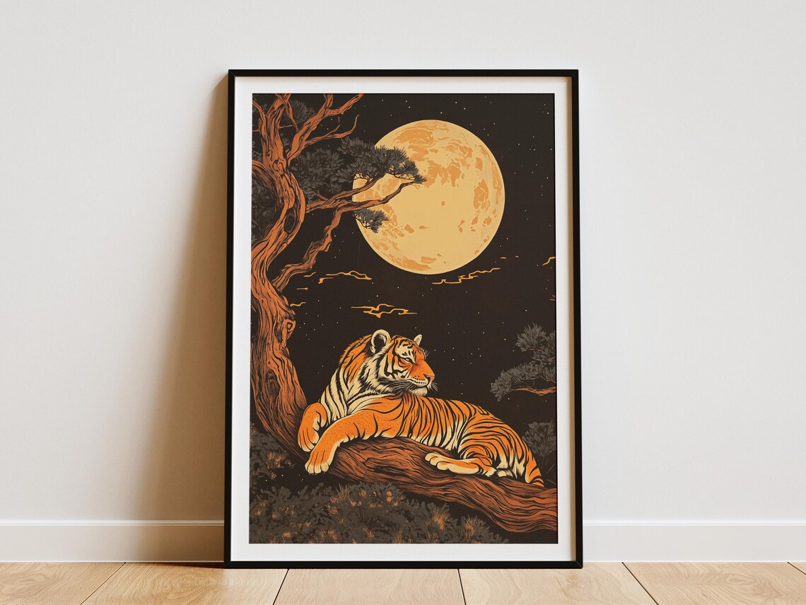 Tiger Resting on Branch Under Full Moon Traditional Chinese Art Poster