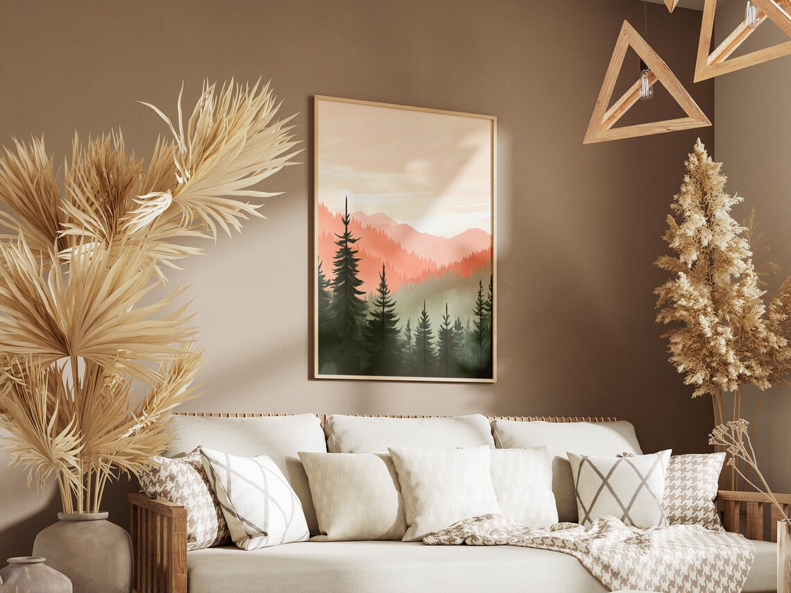 Mountain Forest Poster Peach Sunset Landscape Print Minimalist Nature Wall Art Modern Pine Tree Artwork Calm Forest Scene Home Decor - Image 3
